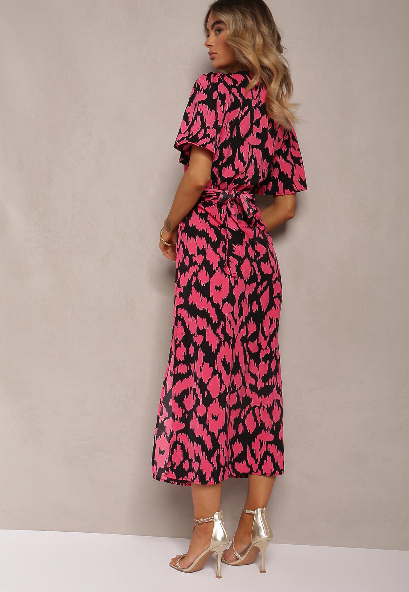 Czarno-Różowa Sukienka z Kopertowym Dekoltem i Ozdobnymi Wycięciami z Gumką w Pasie i Paskiem Bonlea