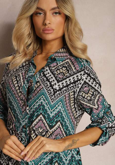 Czarno-Niebieska Koszulowa Sukienka z Bawełnianej Tkaniny z Mozaikowym Wzorem Tesahina