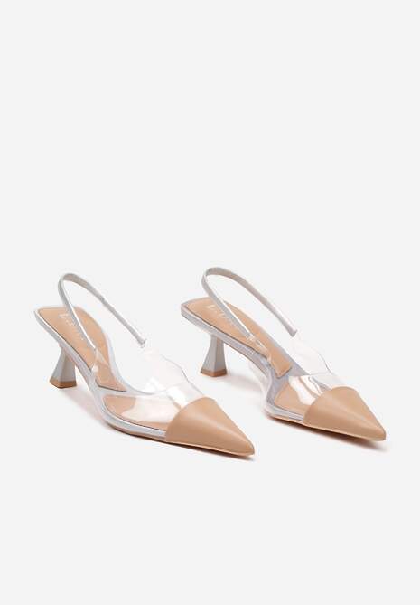 Srebrne Sandały z Imitacji Skóry na Obcasie Typu Kaczuszka z Przezroczystymi Elementami Gravia
