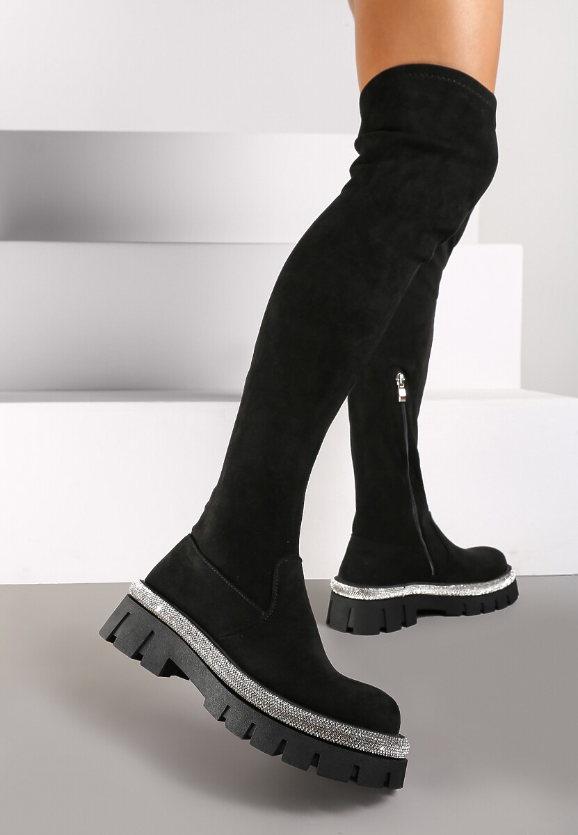 Czarne Kozaki Muszkieterki na Platformie Ozdobione Cyrkoniami Vomekia