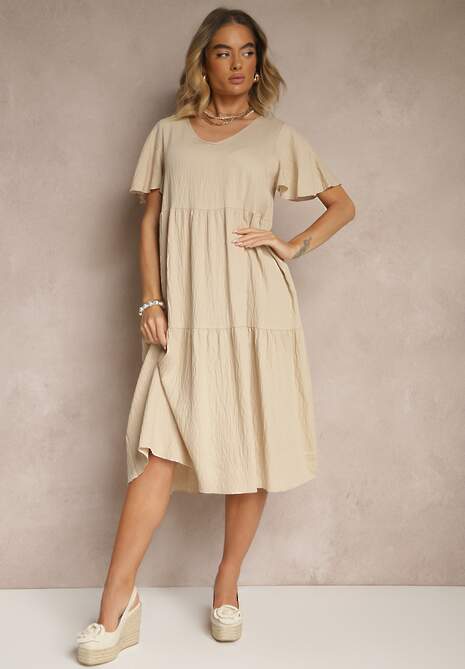 Jasnobeżowa Rozkloszowana Sukienka z Wiskozy z Dekoltem w Serek Natasella