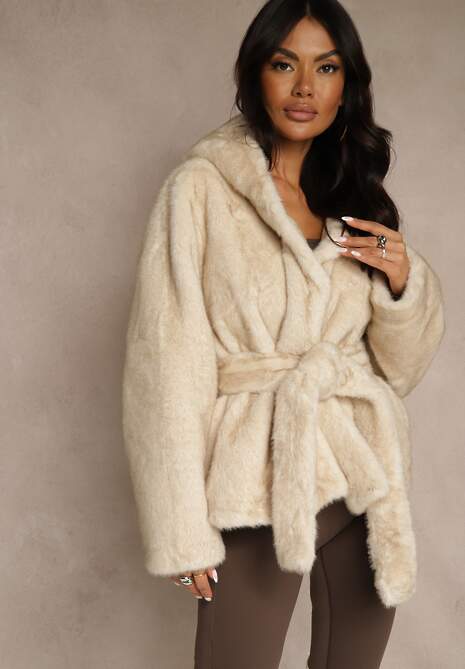 Beżowa Futerkowa Kurtka z Kapturem i Wiązanym Paskiem Zetele