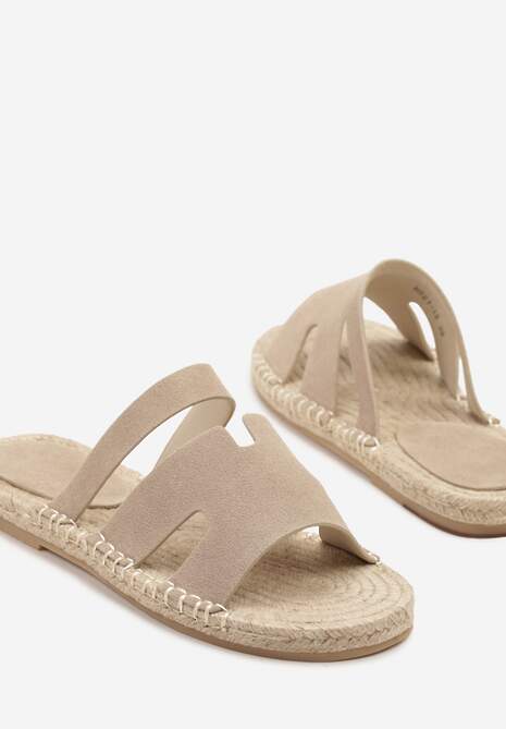 Beżowe Klapki Ozdobione Geometryczną Cholewką i Plecionką Nilornis