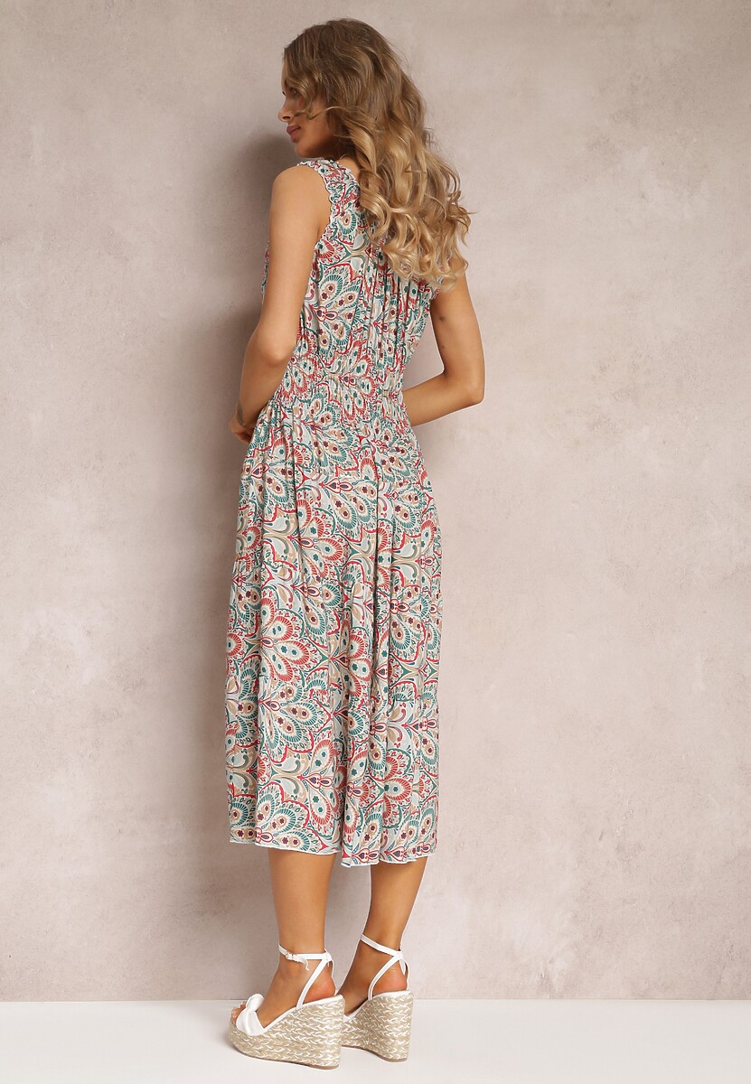 Czerwono-Zielona Kwiecista Sukienka Midi z Cienkimi Gumkami w Talii i Falbankami Jallia