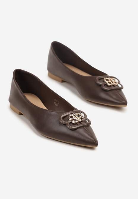 Brązowe Balerinki ze Szpiczastym Noskiem Zdobione Aplikacją Nalamira