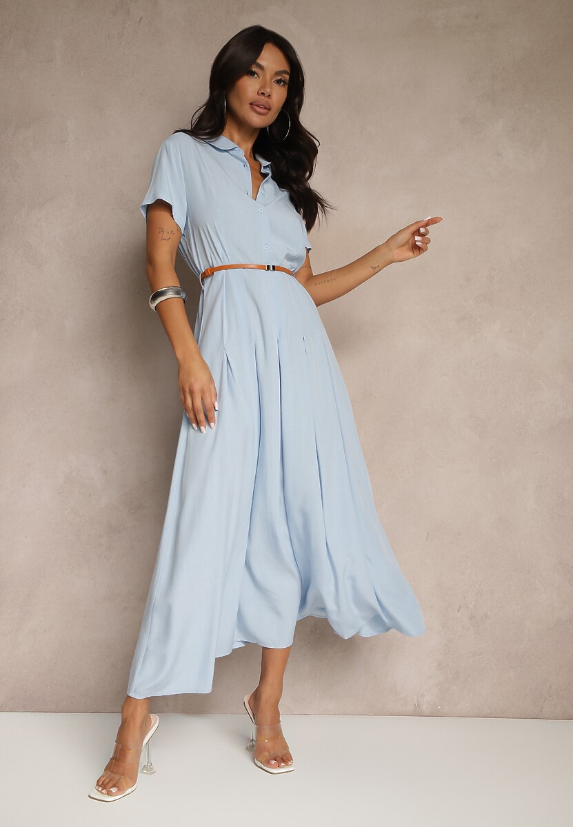 Niebieska Koszulowa Sukienka z Wiskozy z Cienkim Paskiem Filanella