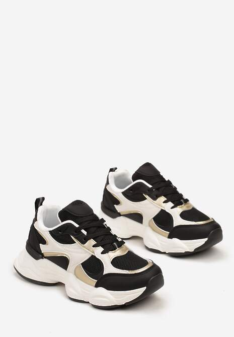 Biało-Czarne Sneakersy ze Wstawkami Metalicznymi i Siateczką na Grubej Podeszwie Riliera
