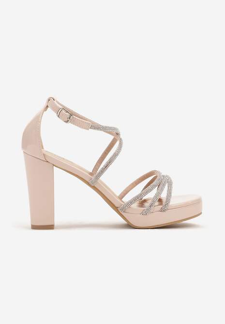 Beżowe Cyrkoniowe Sandały na Słupku z Ozdobnymi Paskami Beridara