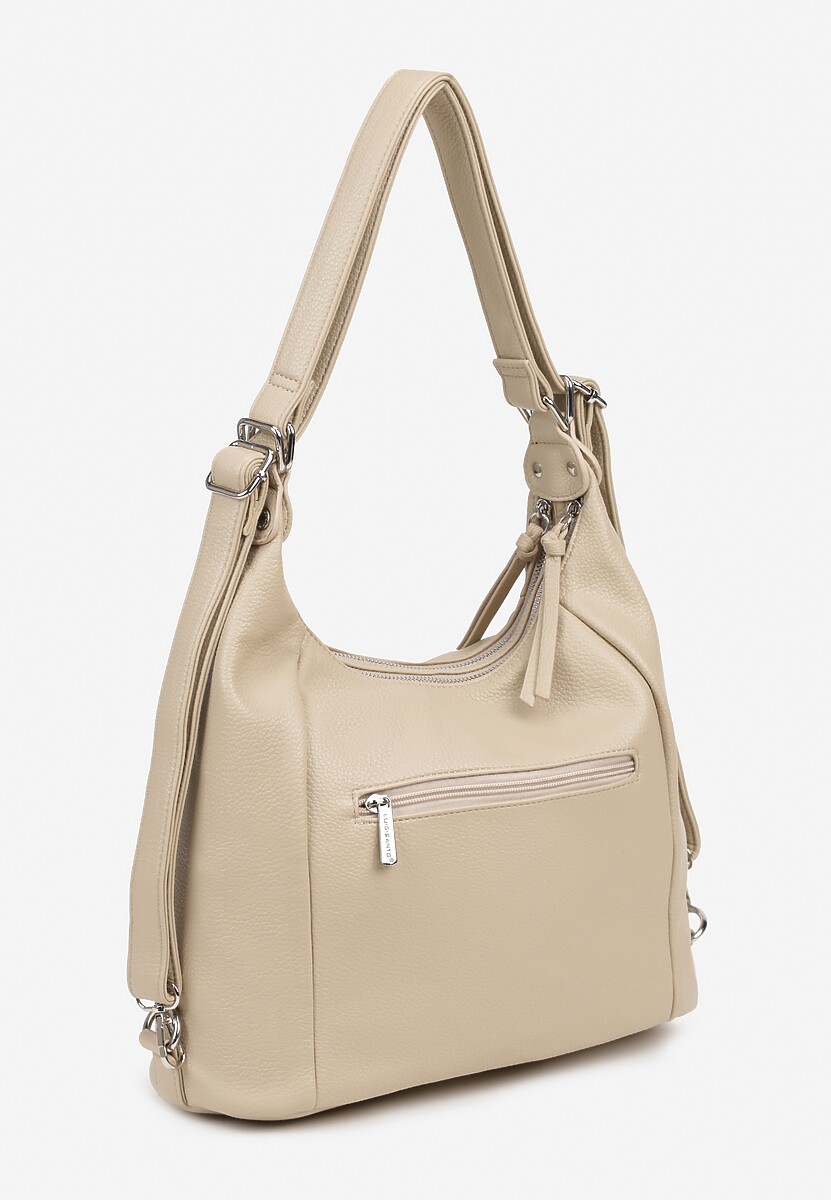 Ciemnobeżowa Torebka Hobo z Paskiem z Możliwością Regulacji Zdobiona Suwakami Tenina