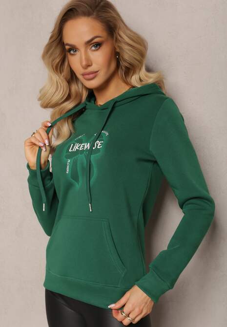Zielona Bluza Wykończona Polarem z Nadrukiem i Kapturem Nimba