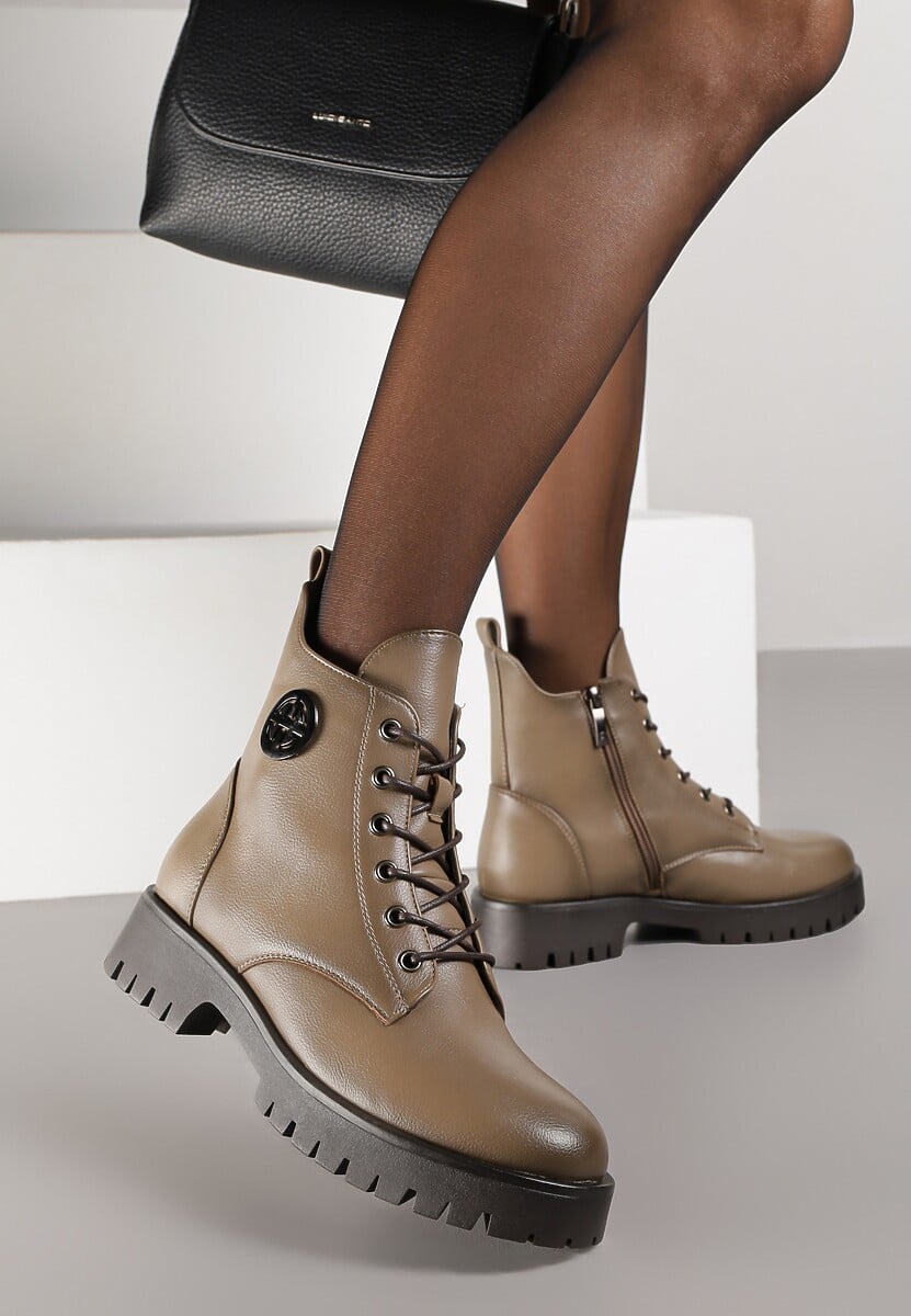 Ciemnobeżowe Botki Potocki Workery z Geometryczną Ozdobą Firiselle