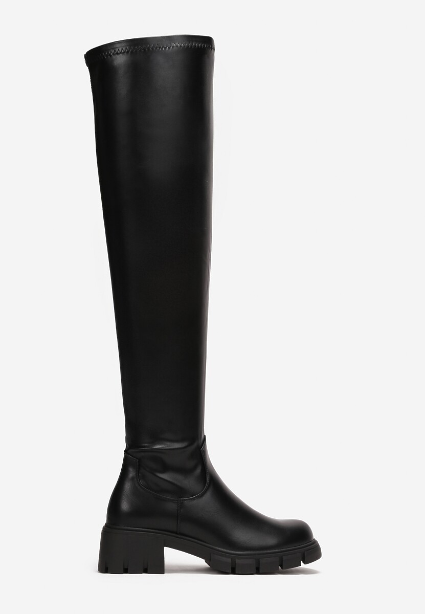 Czarne Kozaki za Kolano z Imitacji Skóry na Grubej Podeszwie z Suwakiem Ariuka