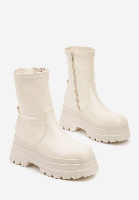 Beżowe Botki na Podwójnej Platformie z Przylegającą Cholewką Belariel