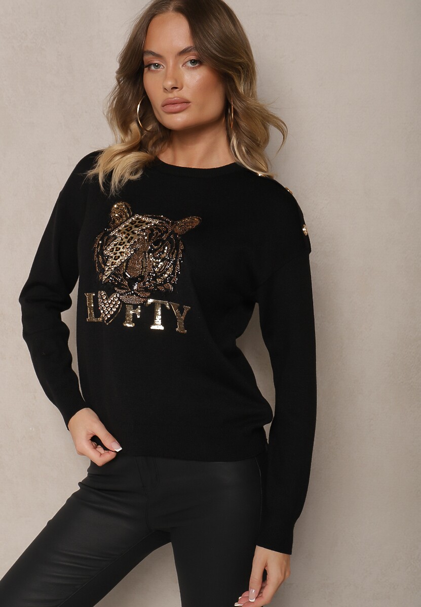 Czarny Sweter z Wiskozą Naszywką Napisem i Cyrkoniami Lilrae
