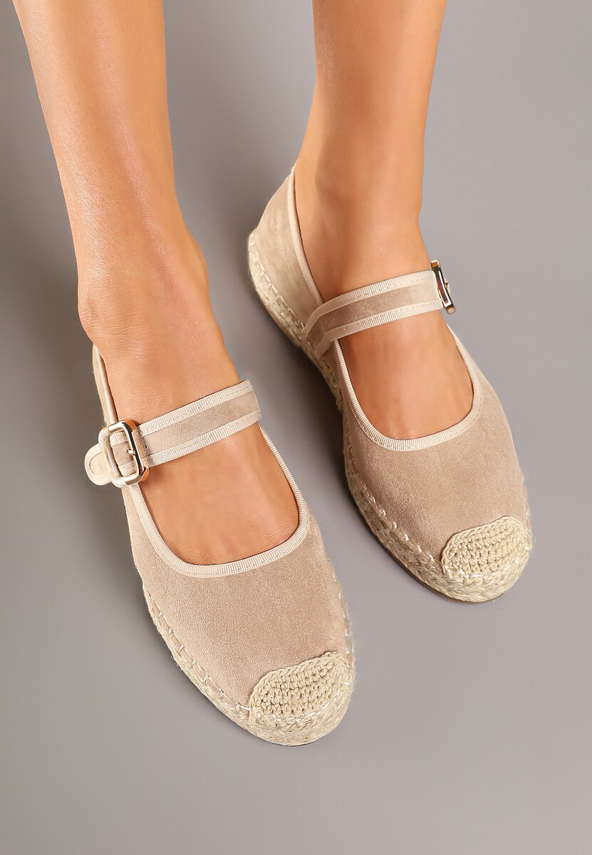 Beżowe Espadryle Ozdobione Plecionką i Paskiem Olirane