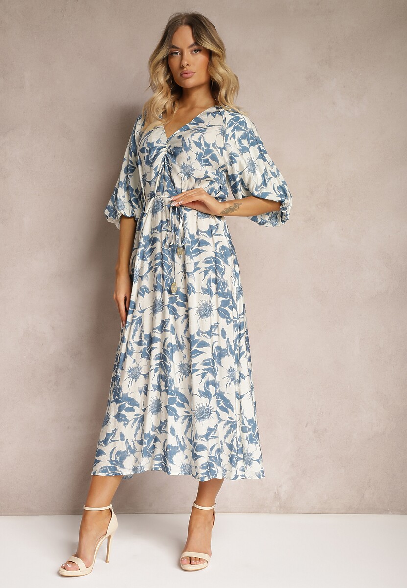 Niebiesko-Biała Wiskozowa Sukienka Wiązana w Talii z Ozdobnymi Rękawami Nanea