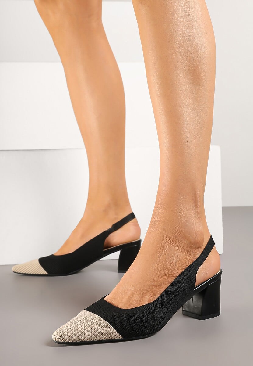Czarne Sandały na Słupku Typu Slingback z  Kontrastowym Noskiem Udivira