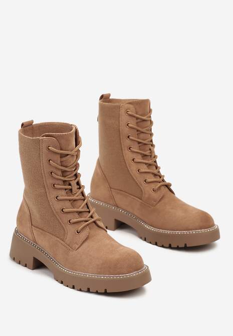 Jasnobrązowe Sznurowane Płaskie Botki w Stylu Workerów z Brokatową Elastyczną Cholewką Creene