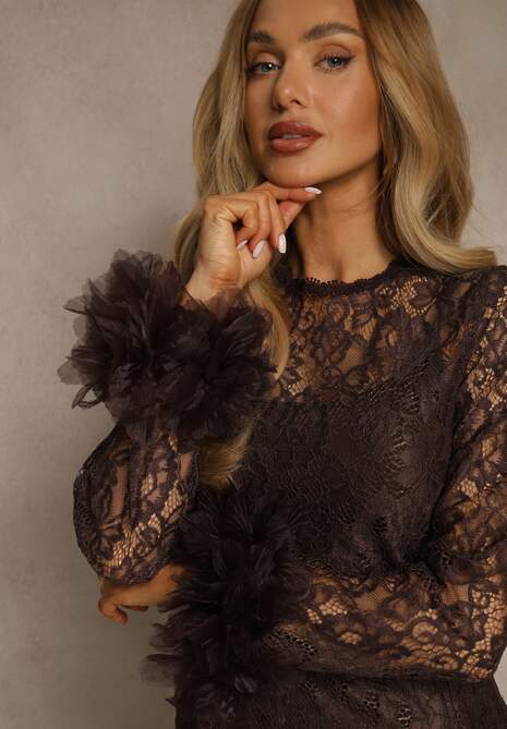 Brązowa Dopasowana Koronkowa Sukienka Koktajlowa z Tiulowymi Aplikacjami Kretalia