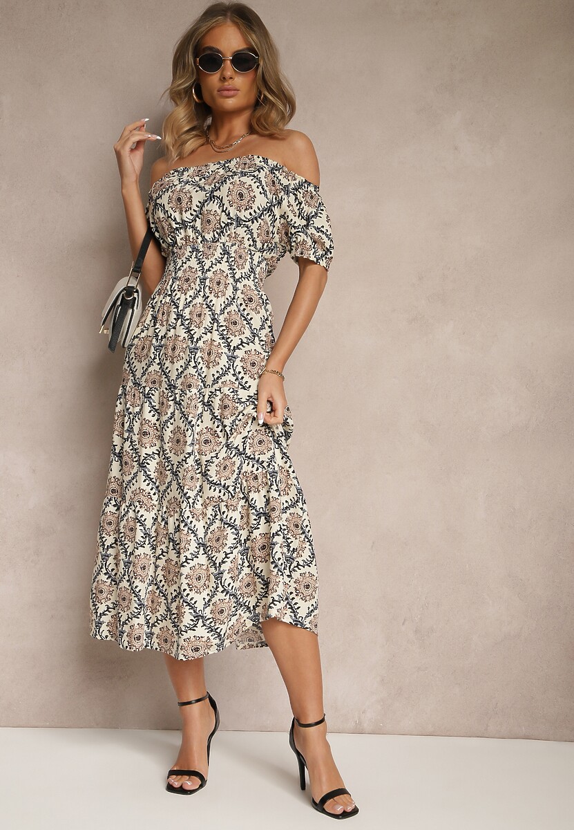 Beżowo-Niebieska Sukienka z Bawełną Ozdobiona Bufiastymi Rękawami Revalle