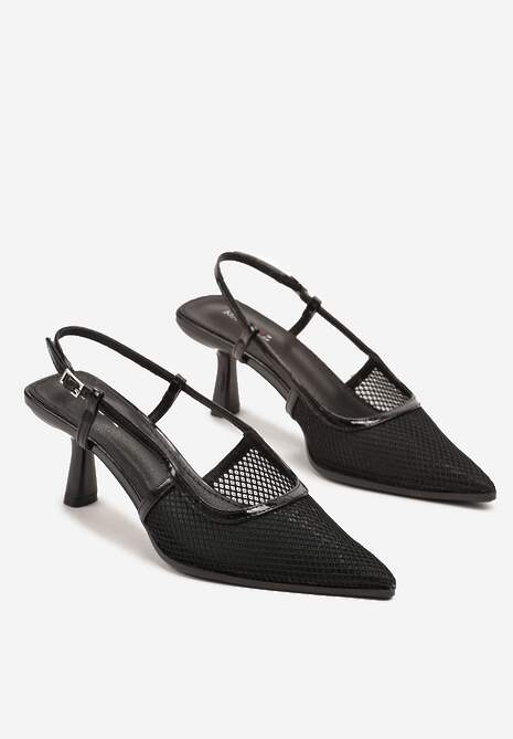 Czarne Sandały na Obcasie Kaczuszka ze Sprzączką i Siateczką Falelitia