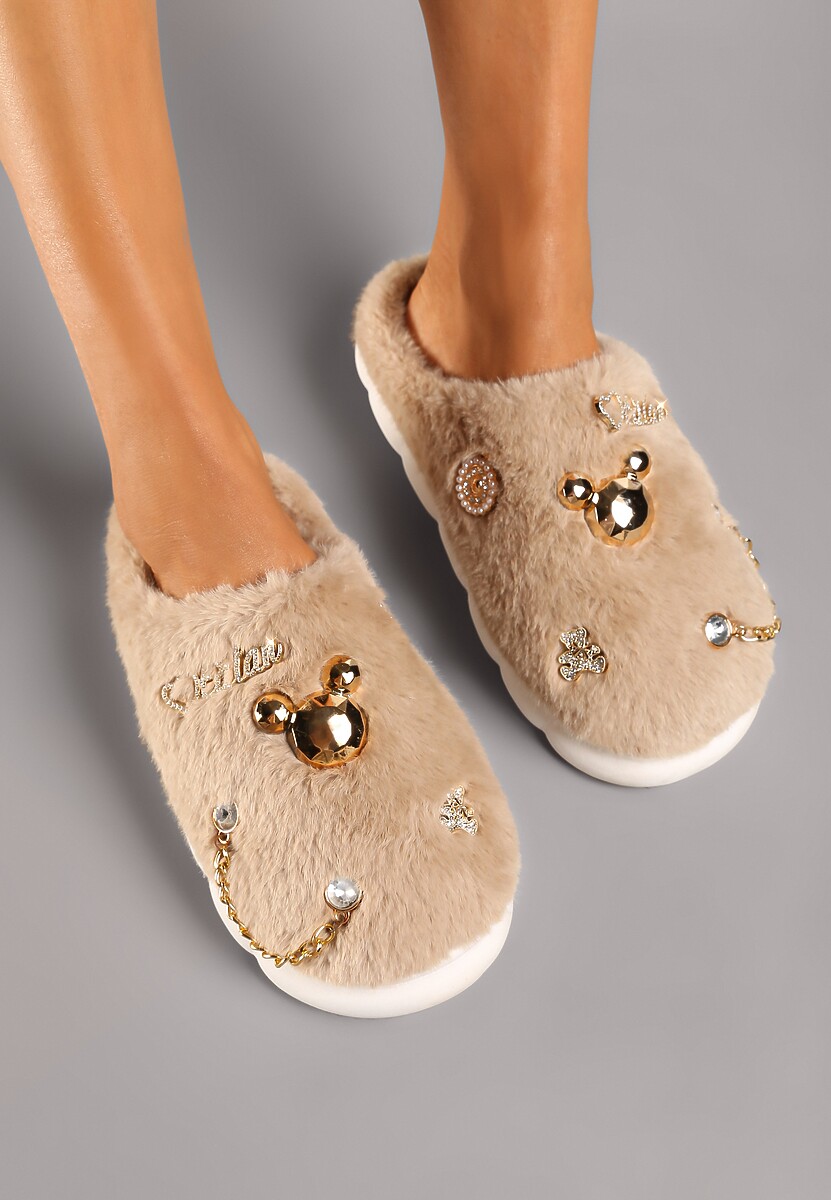 Czarne Kapcie na Płaskiej Podeszwie z Futerkiem Ozdobione Łańcuszkiem i Cyrkoniami Reanivia