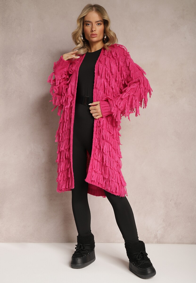 Jasnobeżowy Niezapinany Kardigan w Ozdobne Frędzle Massawa