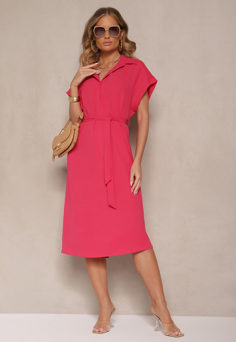 Różowa Pudełkowa Sukienka z Bawełną i Paskiem Savorienne