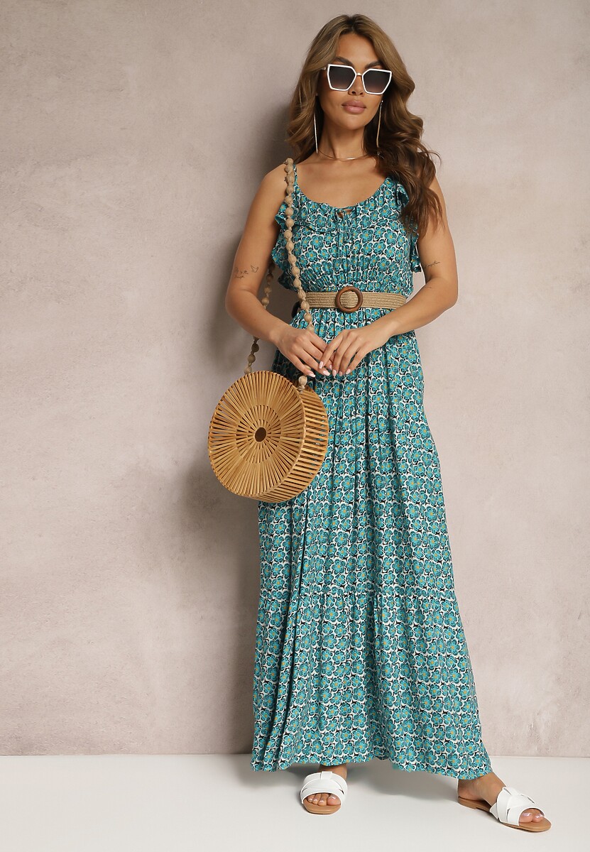 Niebieska Rozkloszowana Sukienka z Wiskozy na Regulowanych Ramiączkach Wrinesa