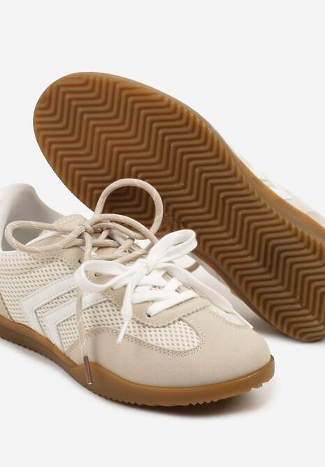 Beżowe Sneakersy w Stylu Tenisówek Ozdobione Geometrycznym Wzorem Teloriella