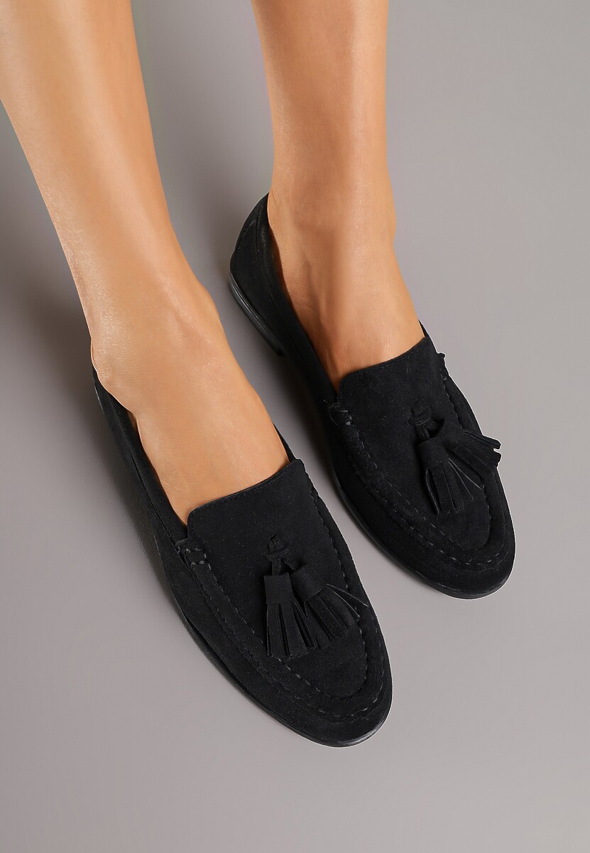 Czarne Mokasyny z Imitacji Zamszu z Aplikacją z Frędzlami Nalonissa