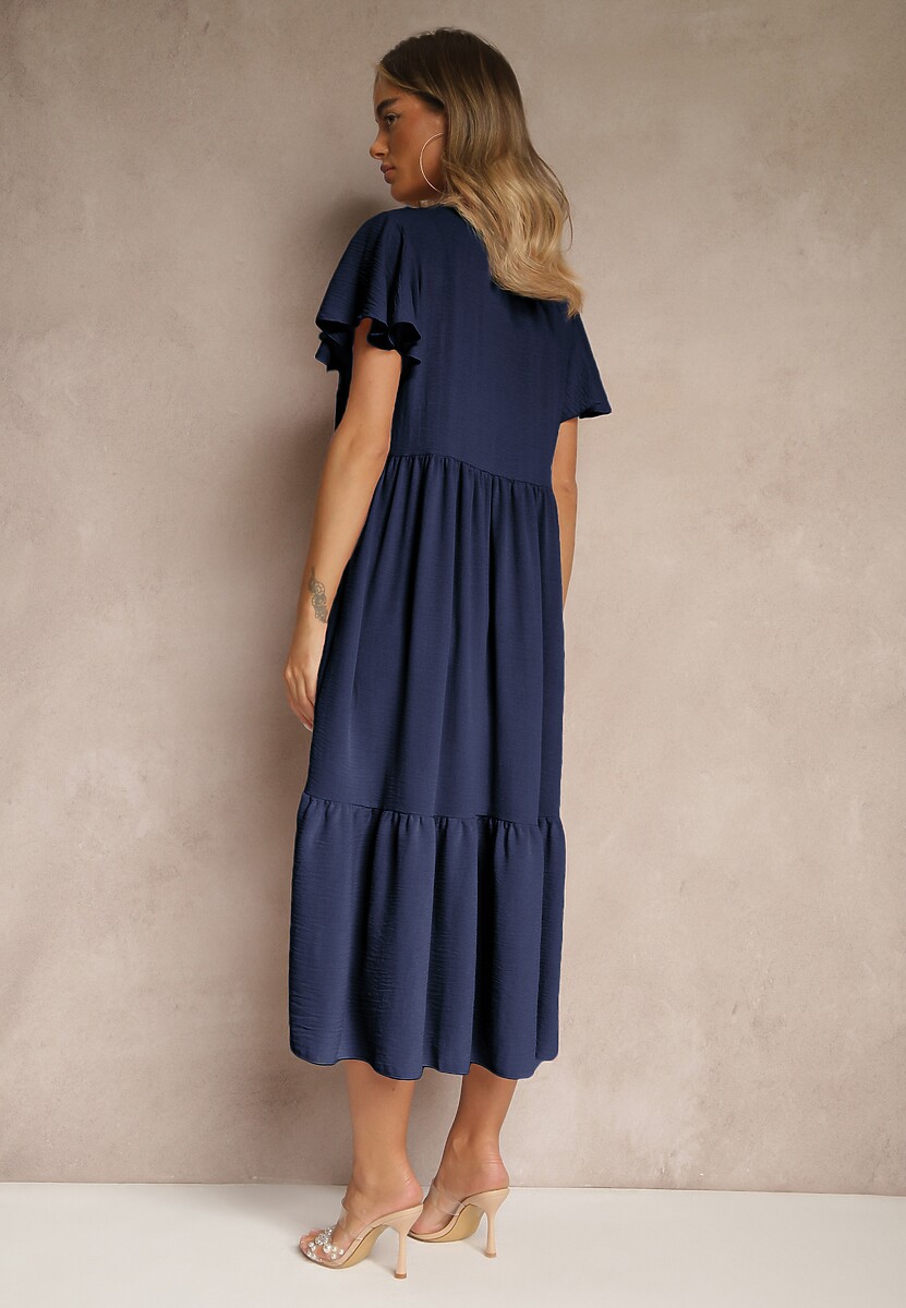Granatowa Rozkloszowana Sukienka z Wiskozą w Casualowym Stylu Filarenna