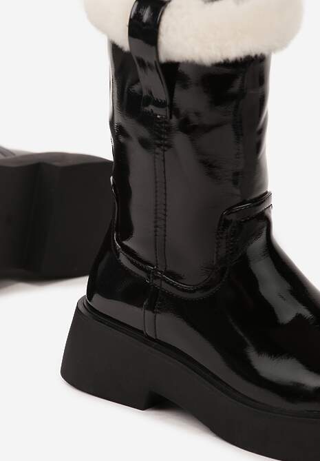 Czarne Lakierowane Botki z Futerkiem na Krawędzi Cholewki Sialaris