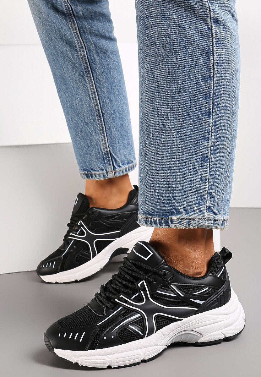 Czarne Sneakersy na Grubej Podeszwie z Wstawkami Debuga