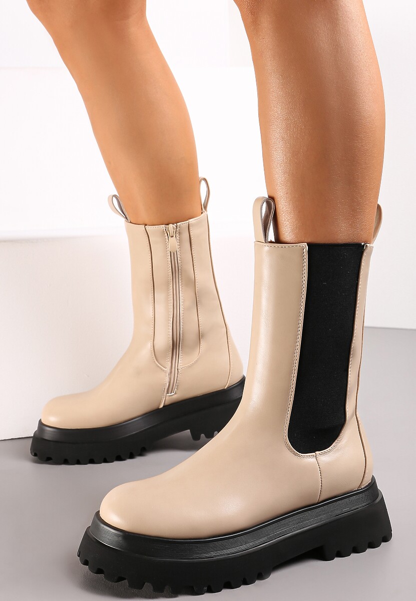 Beżowe Botki Sztyblety na Grubej Podeszwie Amelle