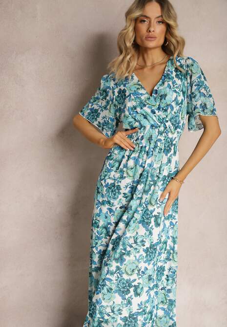 Biało-Niebieska Sukienka z Kopertowym Dekoltem z Gumką w Talii i Metaliczną Nicią Sollas