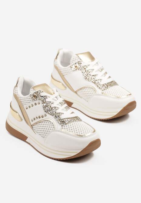 Biało-Złote Sneakersy na Platformie Ozdobione Metalicznymi Aplikacjami i Cyrkoniami Tatindra