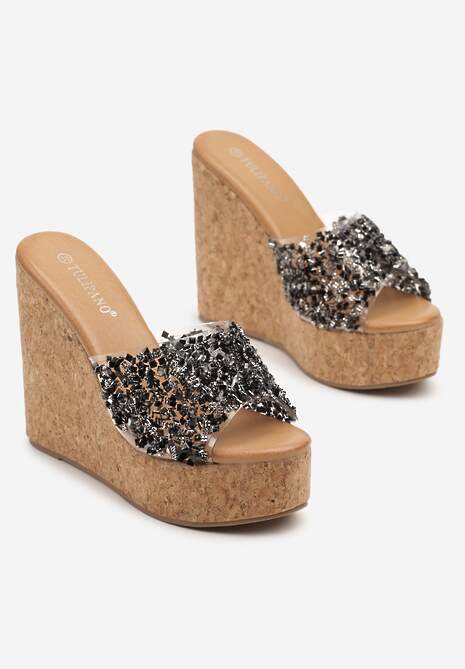 Czarne Cyrkoniowe Klapki w Stylu Drewniaków na Koturnie Tillorina