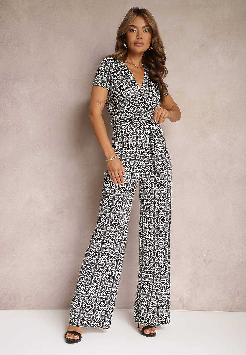 Czarno-Biały Kombinezon o Taliowanym Kroju z Trójkątnym Dekoltem i Prostymi Nogawkami Neranea