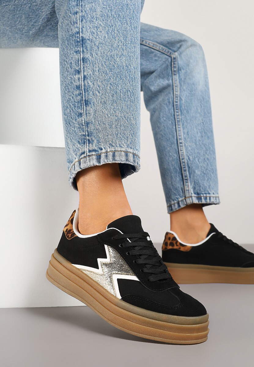 Czarne Sneakersy w Stylu Tenisówek Ozdobione Geometrycznym Wzorem Tolivanna