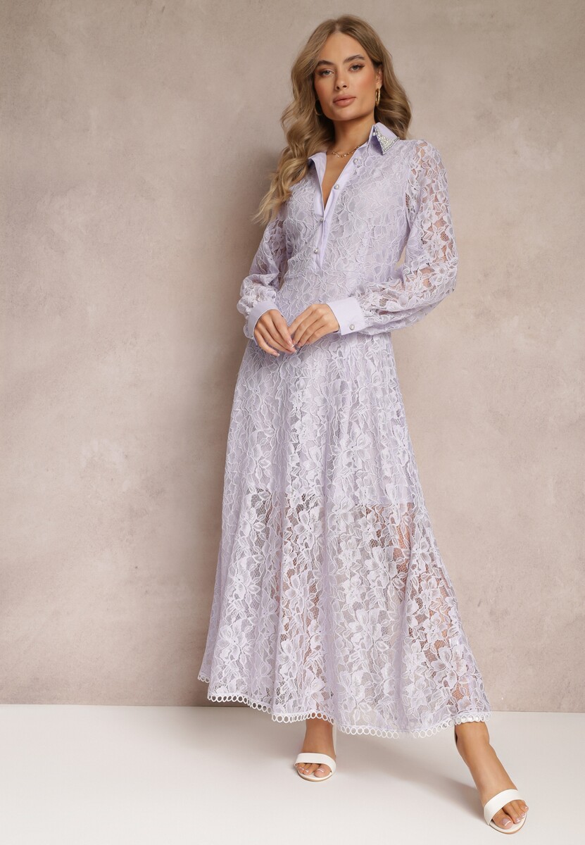 Fioletowa Koszulowa Sukienka Maxi z Ozdobnymi Guzikami i Cyrkoniami z Koronkowej Tkaniny Armina