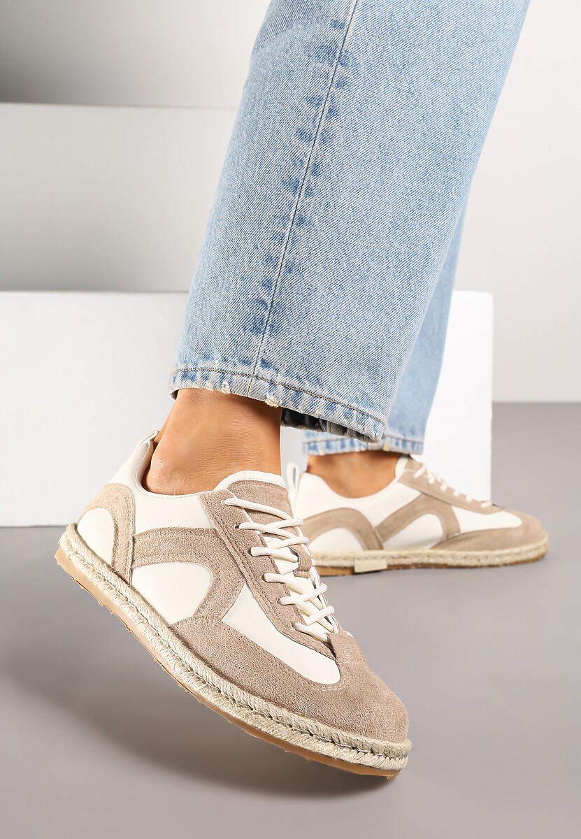 Ciemnobeżowe Sneakersy Kultowe Tenisówki z Podeszwą Zdobioną Plecionką Zarorella