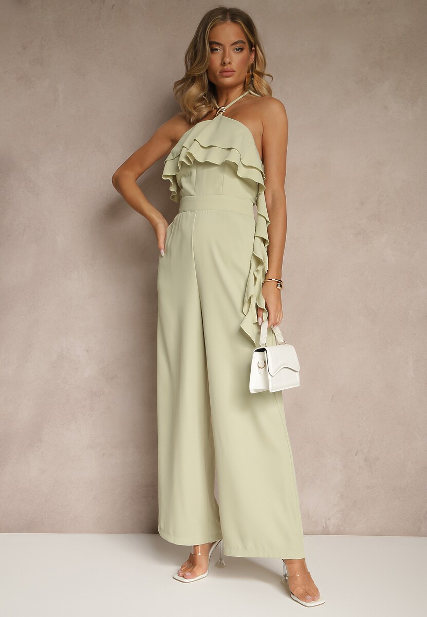 Zielony Asymetryczny Kombinezon Ozdobiony Metaliczną Aplikacją Tilfina