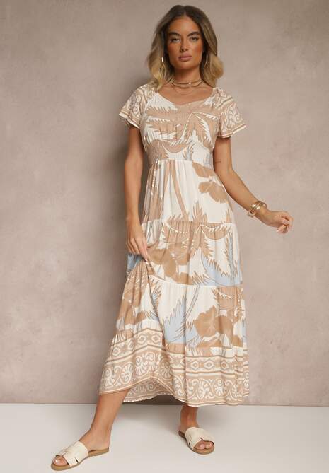 Jasnobeżowa Sukienka Rozkloszowana z Wiskozy w Boho Wzór Elliseira