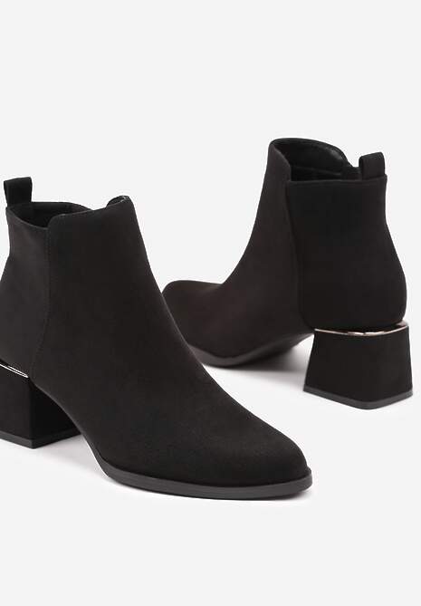 Czarne Botki z Ekozamszu na Niskim Obcasie Zdobionym Metaliczną Wstawką Brievia