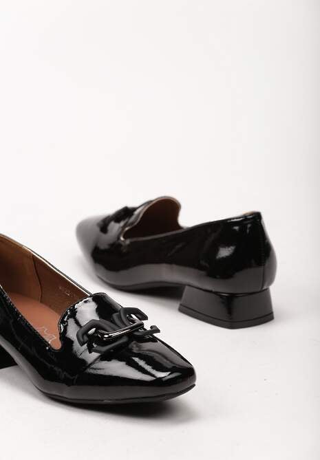 Czarne Czółenka o Lakierowanym Połysku i ze Skórzaną Wkładką na Obcasie Baeloria