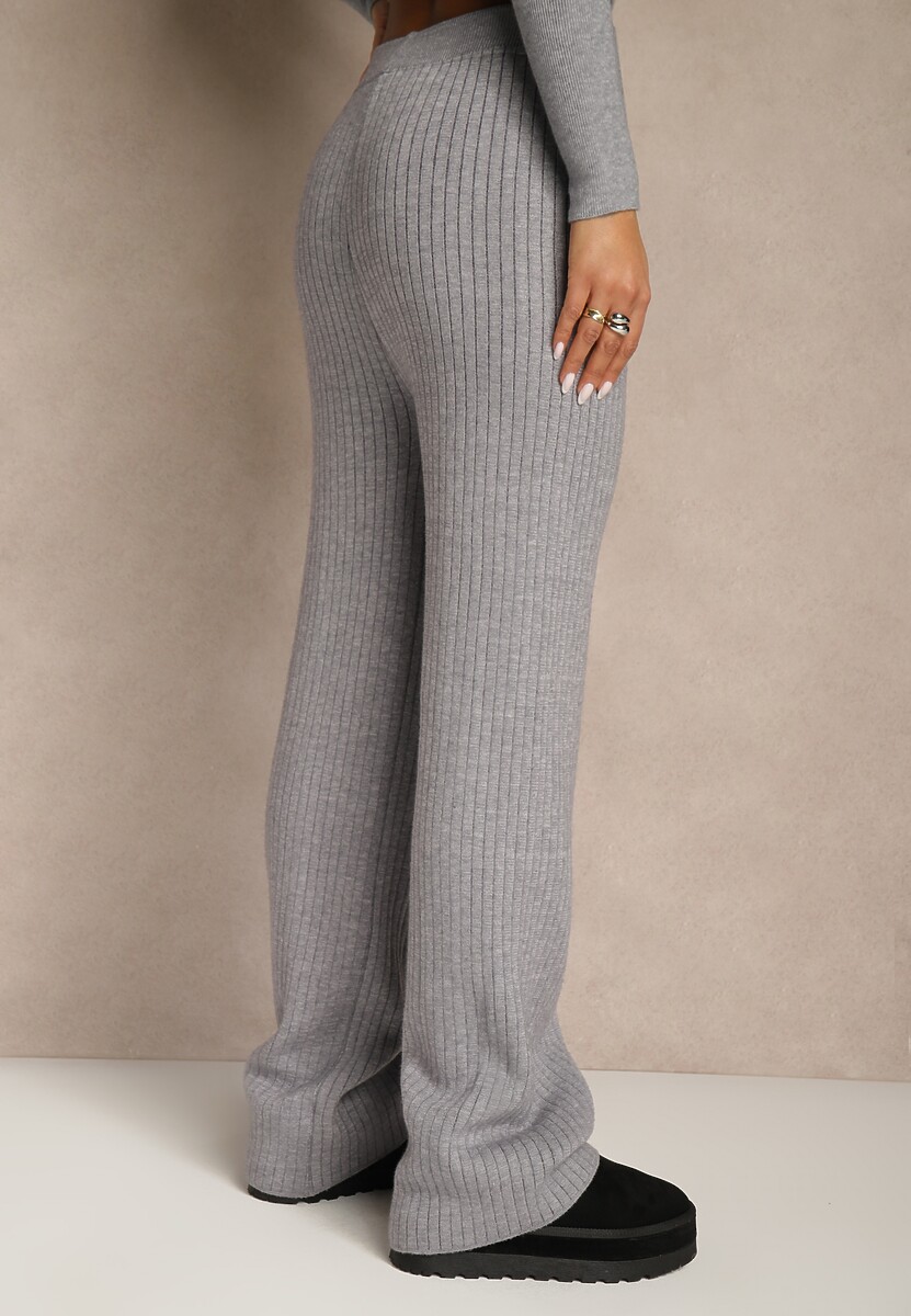 Szare Szerokie Spodnie z Wełną High Waist z Prążkowanego Materiału Reinna