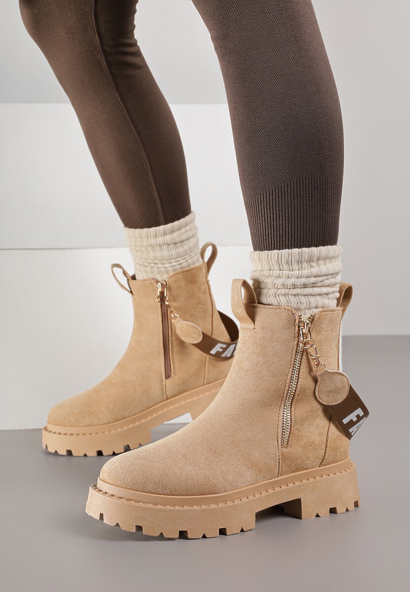 Beżowe Botki z Ozdobną Taśmą z Nadrukiem Dudre