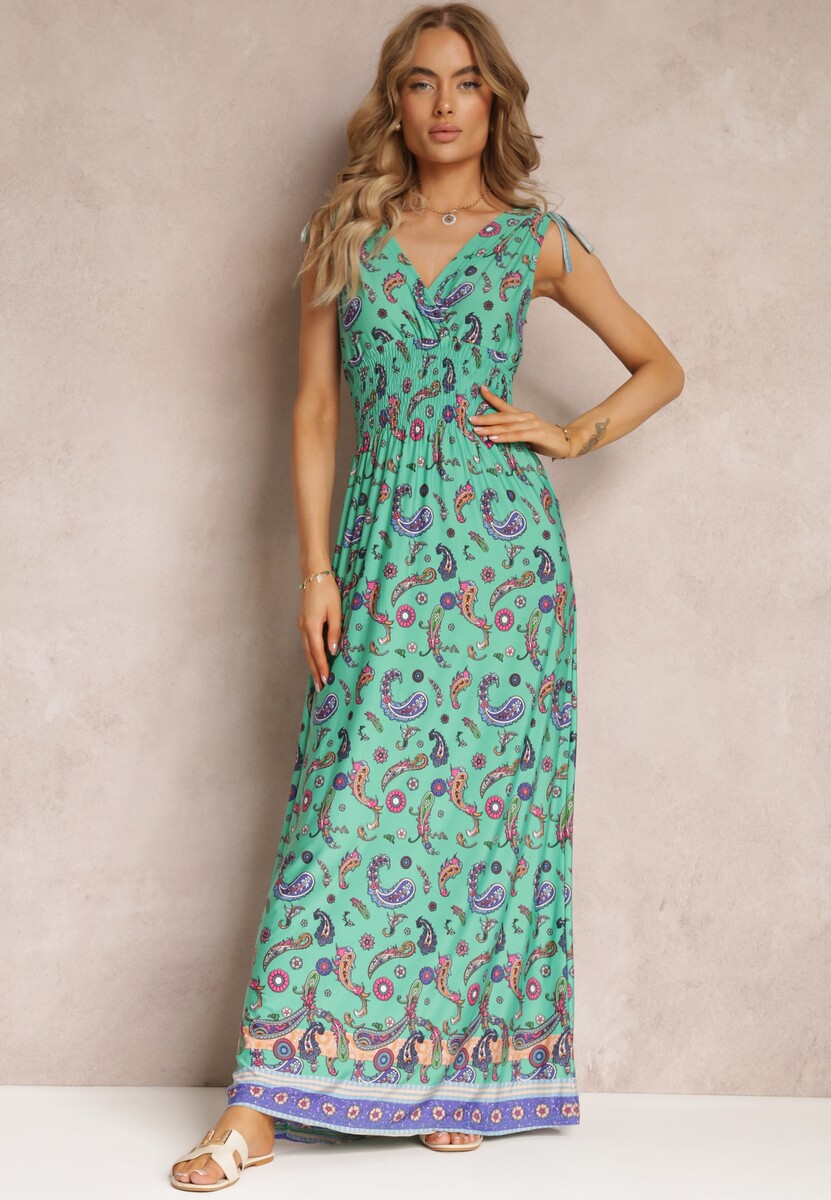 Zielona Sukienka Maxi we Wzór Pailsey z Rozkloszowanym Dołem i Gumką w Talii Kinslei