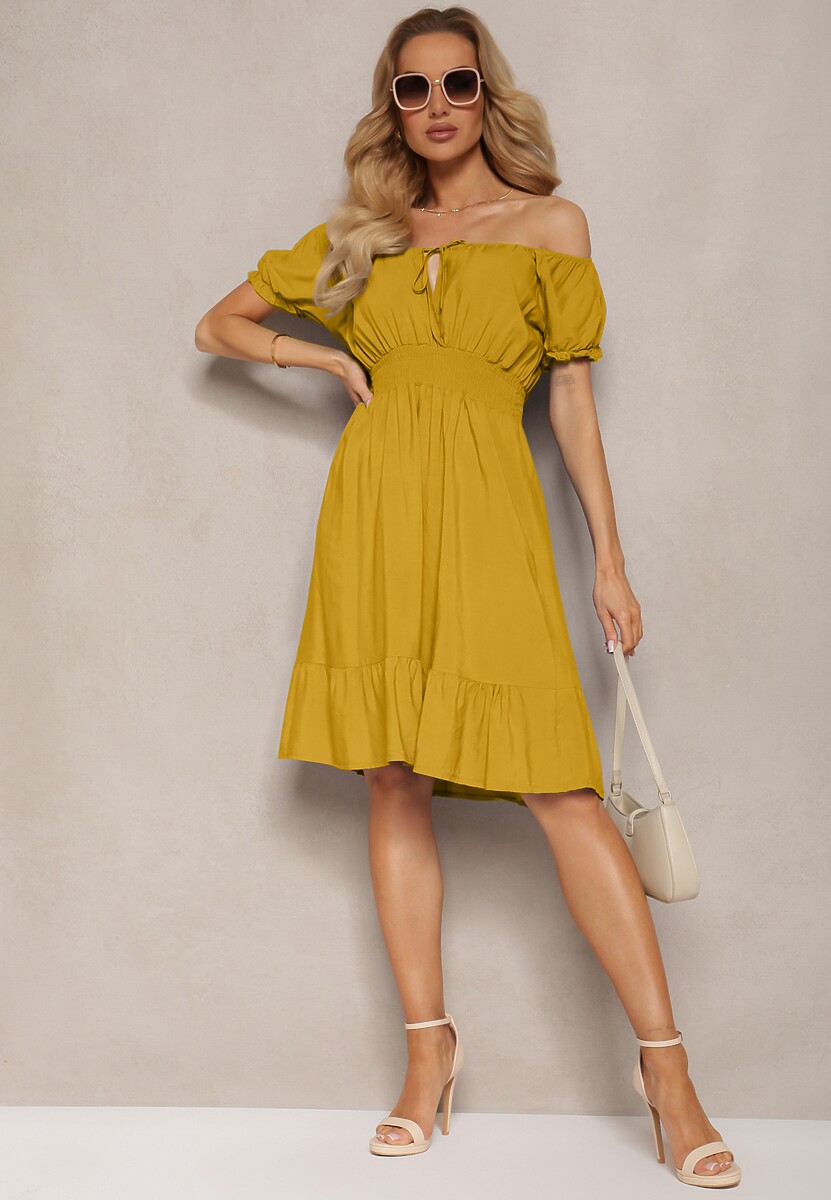 Żółta Sukienka z Wiskozy z Gumkami w Talii i Dekoltem ze Ściągaczem Tiimazela